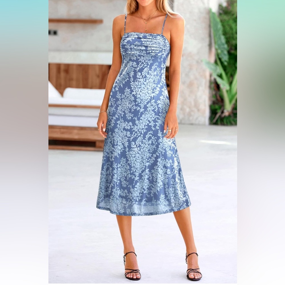 Floral Blue and White wedding guest formal velvet print Dress NWT - Picture 2 of 4